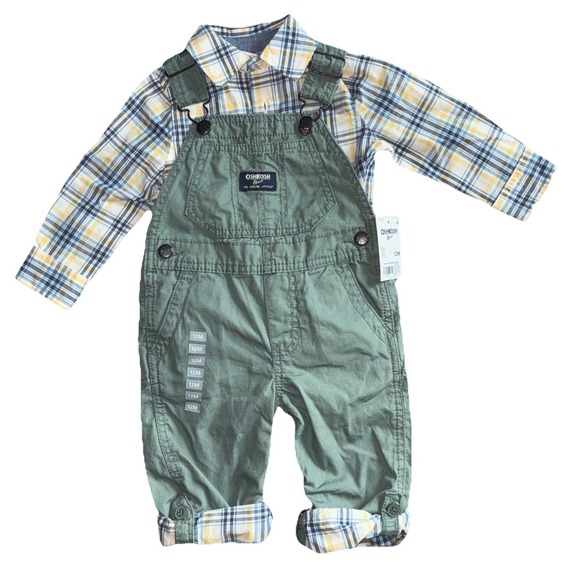 OshKosh B'gosh Other - OSHKOSH B'GOSH Vestbak pant overalls Matching Plaid Shirt Boys 12 Months 2 Piece